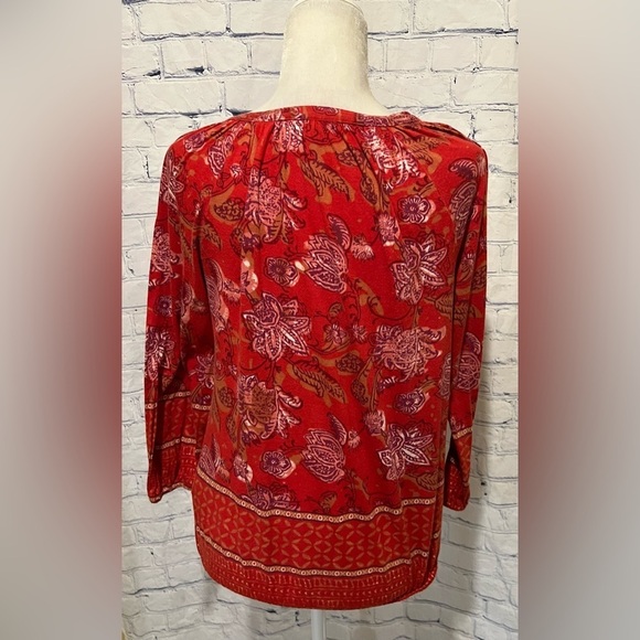 Lucky Brand Women Red Floral Long Sleeve Top Size Medium - Picture 3 of 6